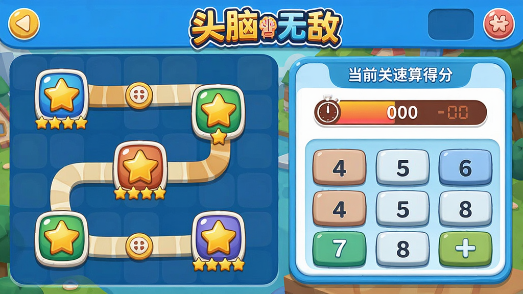 主体:游戏化速算闯关界面,显示关卡地图和得分。布局:左侧为关卡路径图,右侧为当前关卡的答题面板。排版:界面元素排列有序,突出“头脑无敌”品牌标识。风格:活泼的卡通风格,色彩鲜艳。细节:关卡图标上显示星星评级,答题面板上有数字键盘和倒计时条,画质清晰,干净,无多余元素。