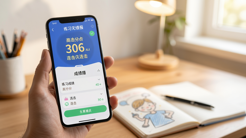 主体:用户手持手机在明亮室内使用头脑无敌APP的场景。布局:前景为手机特写,屏幕显示练习成绩报告,背景为温馨的书桌环境。排版:主体突出,背景虚化。风格:写实生活风格,光线柔和。细节:手机屏幕上显示高分和连击字样,桌面有纸笔,画质干净,无多余元素。