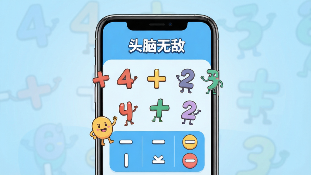 主体:头脑无敌软件应用界面在手机屏幕上显示的预览图,界面包含数字和运算符号元素。布局:手机居中,背景为浅蓝色渐变,屏幕内展示心算训练题目和卡通风格的数字角色。排版:手机屏幕清晰展示应用UI,周围留白干净。风格:现代扁平化设计,色彩明快。细节:屏幕中显示“头脑无敌”字样,数字和加减乘除符号悬浮,画质高清,干净,无多余元素。