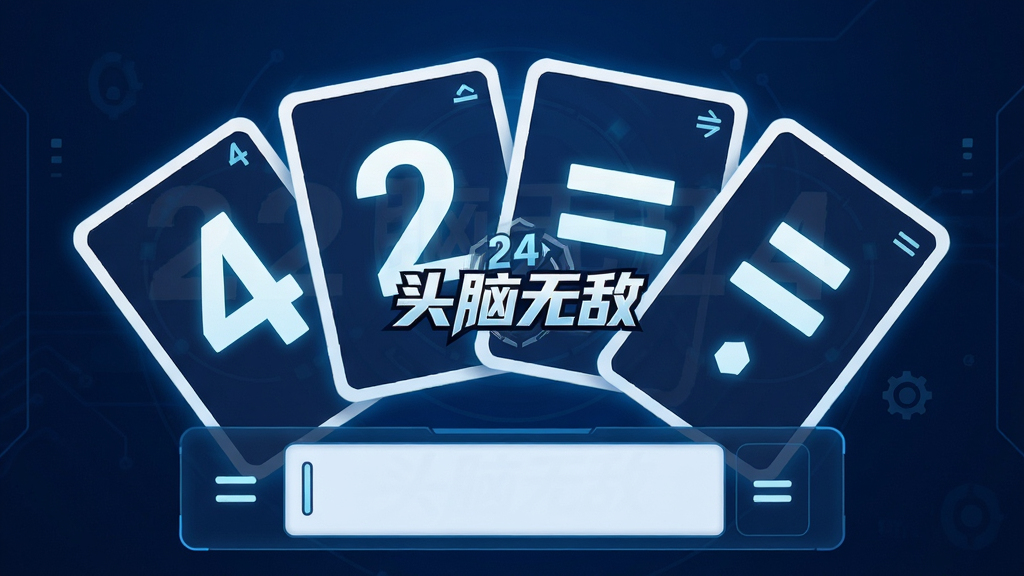 主体:四张数字卡片和运算符号组成的24点挑战场景。布局:数字卡片呈扇形排列在屏幕中央,下方有输入答案区域。排版:界面简洁,数字大而醒目。风格:科技感与教育感结合,背景为深蓝色。细节:卡片上印有数字,中心位置有“头脑无敌”的Logo水印,画质细腻,干净,无多余元素。