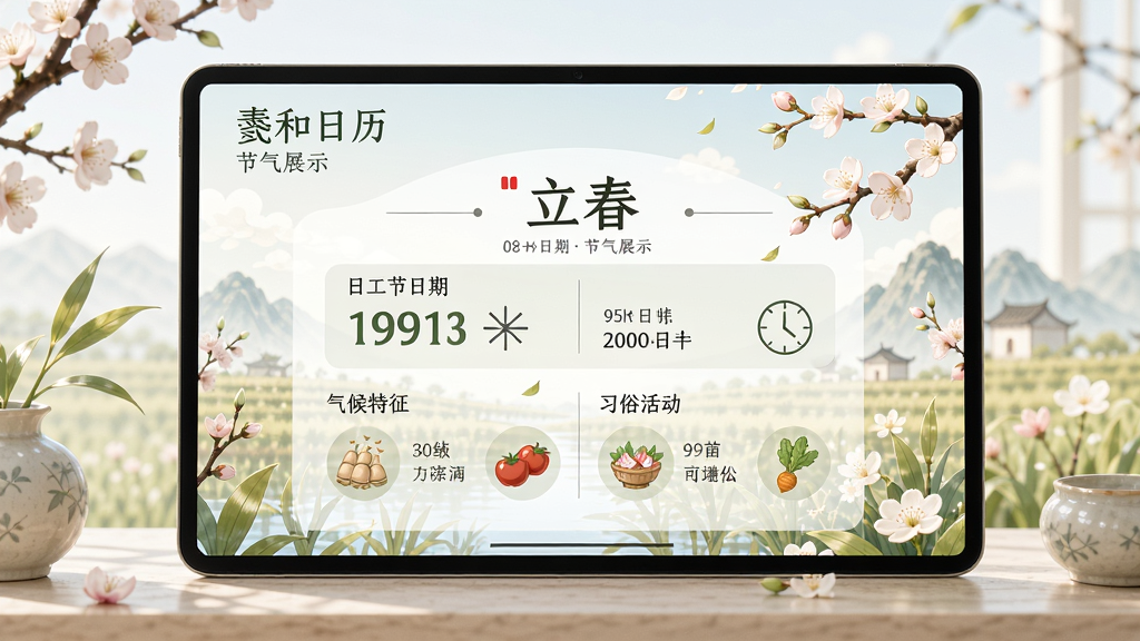 主体为“羲和日历”节气展示页面,屏幕显示“立春”节气的详细信息,包含日期、气候特征、习俗活动,背景配以春意盎然的插画,布局简洁,排版清晰,风格清新自然,细节精致,画质高清,干净无多余元素。