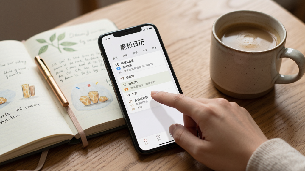 主体为“羲和日历”使用场景,用户手指点击屏幕上的日程提醒,手机旁放有笔记本和咖啡杯,布局自然,排版舒适,风格生活化,细节丰富,画质高清,干净无多余元素。