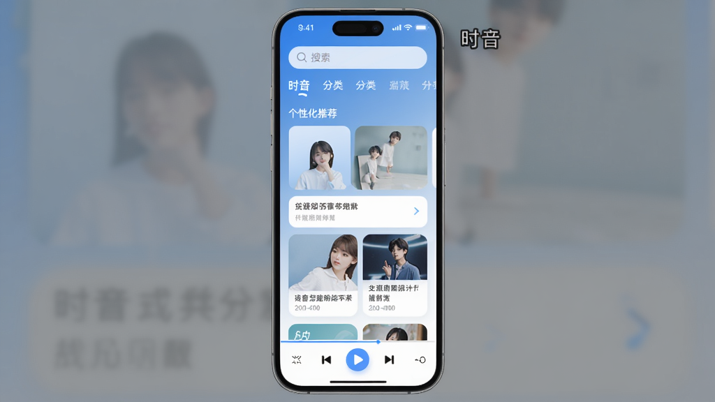 时音APP主界面预览图,主体为手机竖屏界面展示,布局上方为搜索栏与分类导航,中间为个性化推荐内容卡片流,底部为播放控制条,整体风格清新简约,采用蓝白渐变主色调,界面元素圆润,画质高清,干净无多余元素,突出“时音”品牌标识与核心功能模块