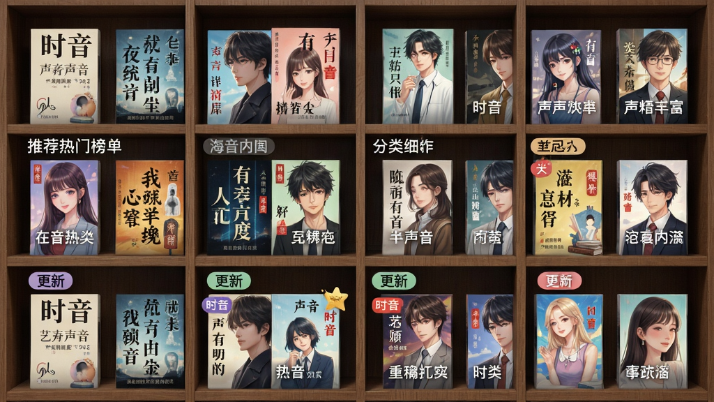 时音海量有声内容库展示图,主体为书架式内容陈列布局,展示各类有声书封面与分类标签,排版整齐,风格现代,色彩丰富,细节包括推荐热门榜单与更新标记,画质干净清晰,无多余元素,突出“时音”内容丰富与分类细致的特点