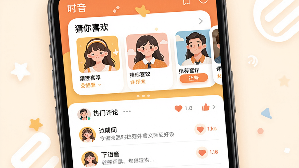 时音个性化推荐与社区互动界面,主体为手机界面展示推荐列表与评论区,布局上方为“猜你喜欢”卡片,下方为热门评论与点赞图标,风格活泼明快,色彩温暖,细节展示用户头像与互动按钮,画质干净,无多余元素,突出“时音”智能推荐与社区社交属性
