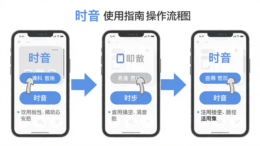 时音使用指南操作流程图,主体为手机操作步骤示意图,布局采用分步箭头指示,风格简洁扁平,配色以蓝色与灰色为主,细节标注关键按钮位置与注意事项,画质清晰,干净无多余元素,突出“时音”易用性与操作指引