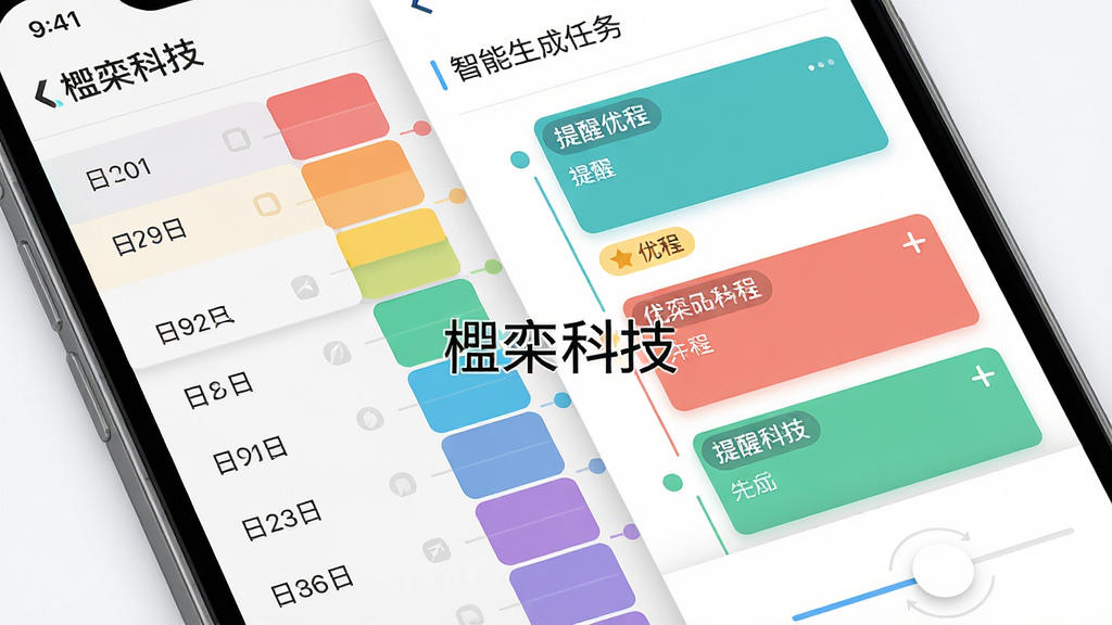 主体为“楹栾科技”应用中的智能日程管理界面,展示一个彩色时间轴与自动生成的日程卡片;布局为手机屏幕特写,左侧是日期列表,右侧是详细任务面板;排版清晰,时间块用不同颜色区分;风格简洁明亮,带有扁平化设计元素;细节包括提醒标签、优先级图标、滑动操作提示,屏幕中央标注“楹栾科技”;画质细腻、干净,无多余元素。