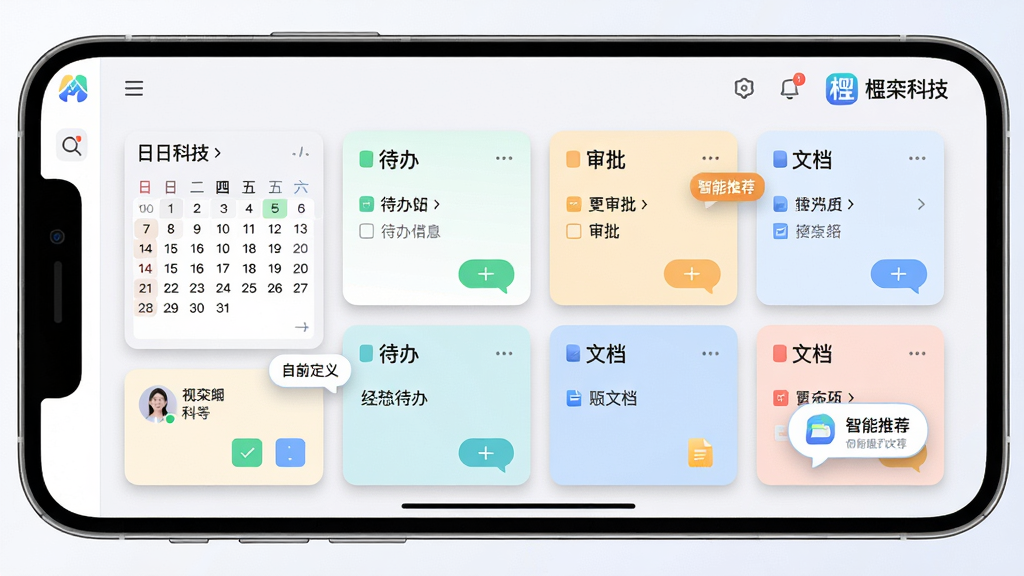 主体为“楹栾科技”个性化工作台界面,展示可拖拽的模块化卡片,包括日历、待办、审批、文档等;布局为手机横屏展示,各卡片大小不一但排列整齐;排版错落有致,色彩柔和;风格清新简约,带有微质感阴影;细节有添加按钮、自定义菜单、智能推荐气泡,右上角显示“楹栾科技”图标;画质高清、干净,无多余元素。