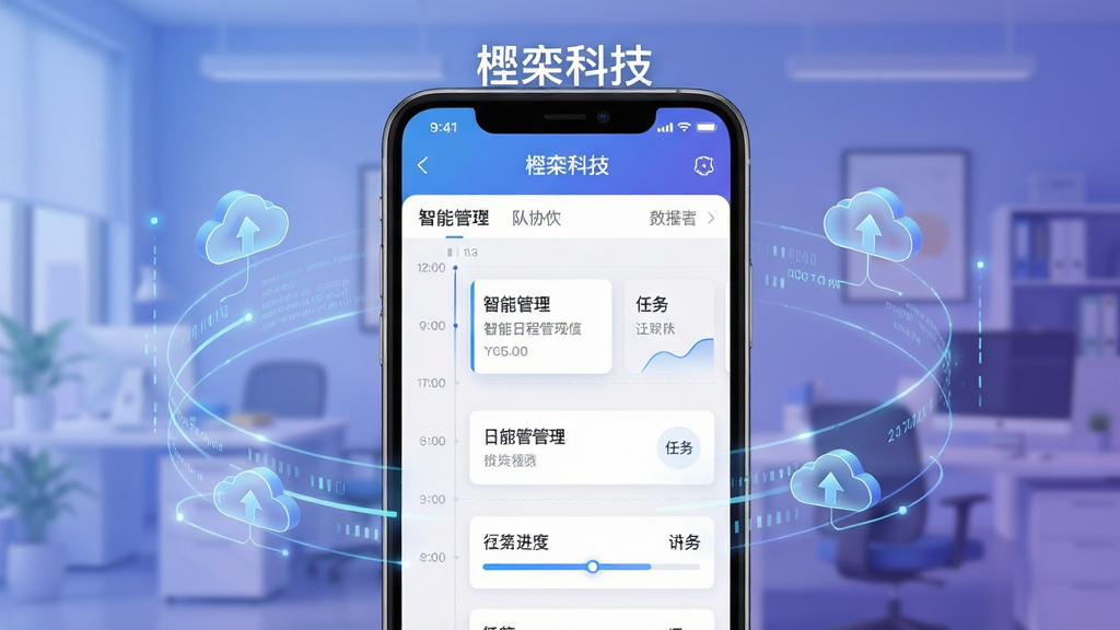 主体为一款名为“楹栾科技”的智能手机应用界面,屏幕显示智能日程管理与团队协作面板,周围环绕轻盈的数据流和云端图标;布局采用居中特写,前景是清晰的应用UI,背景为柔和的渐变蓝紫色办公场景;排版干净利落,界面元素排列有序;风格现代简约,带有科技感光效;细节上突出时间轴、任务卡片、进度指示条,画面中悬浮“楹栾科技”字样;画质高清、干净,无多余元素。