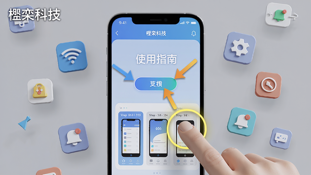 主体为一部智能手机正在运行“楹栾科技”应用,屏幕显示“使用指南”教程页面,下方有操作步骤图解;布局为手机居中,周围散布着几个小图标提示(如WiFi、设置、通知等);排版清晰,有箭头指向关键按钮;风格写实,带有3D渲染效果;细节包括手指点击动作、高亮圆圈标注,画面左上角有“楹栾科技”水印;画质高清、干净,无多余元素。