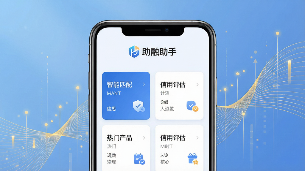 一张展示助融助手APP核心界面的高清产品预览图,画面中心是一部智能手机,手机屏幕上清晰显示着“助融助手”的Logo和主界面,界面包含“智能匹配”、“信用评估”、“热门产品”等模块卡片,布局简洁明了,背景为柔和的科技蓝渐变色调,辅以抽象的金色线条勾勒出数据流动的轨迹,整体风格现代、专业、干净,画质清晰,无多余元素
