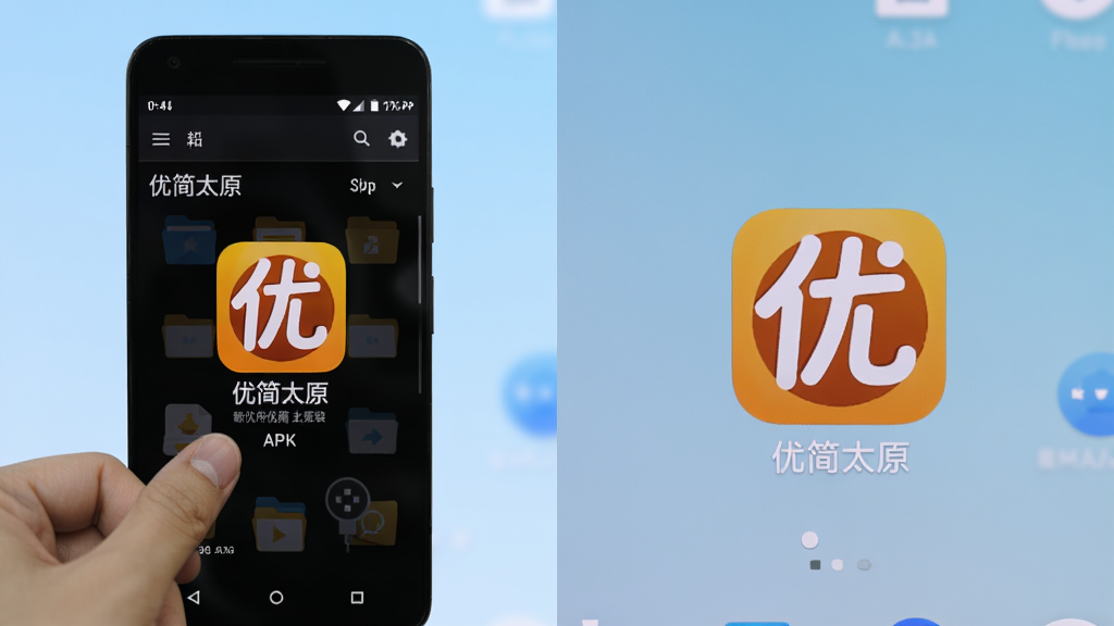 一张对比图,左侧为一部安卓手机正在通过文件管理器点击安装