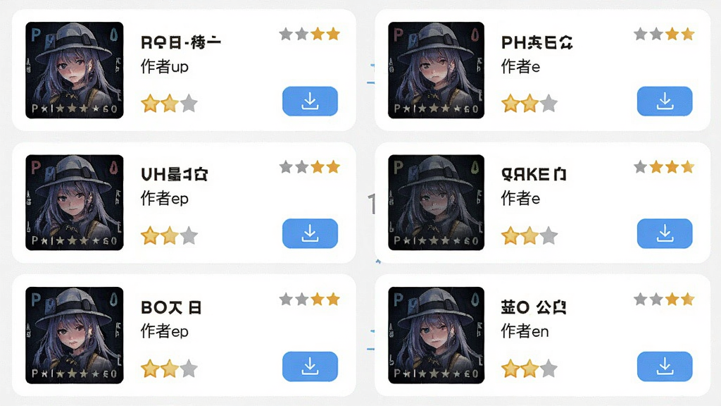 Phira谱面选择列表,展示多张谱面卡片与难度星级,主体为手机竖屏列表界面,每张卡片包含歌曲封面、曲名、作者与难度标识,布局整齐,风格清新明快,细节包括下载按钮与评分图标,画质高清,干净无多余元素
