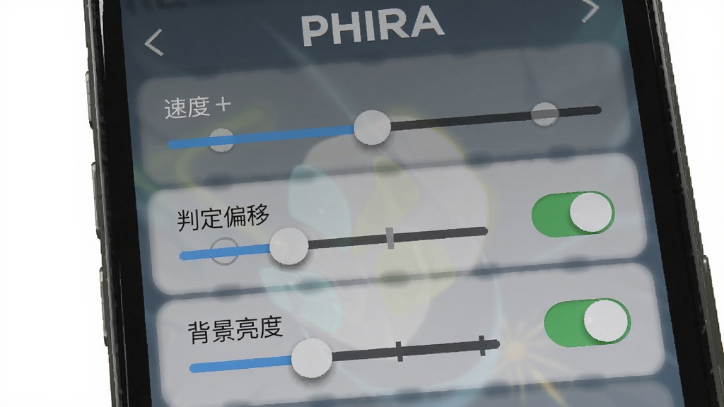Phira游戏设置界面,展示速度与特效调节选项,主体为手机竖屏设置页面,包含滑块与开关,布局清晰,风格简洁,细节包括“判定偏移”与“背景亮度”选项,画质干净,无多余元素