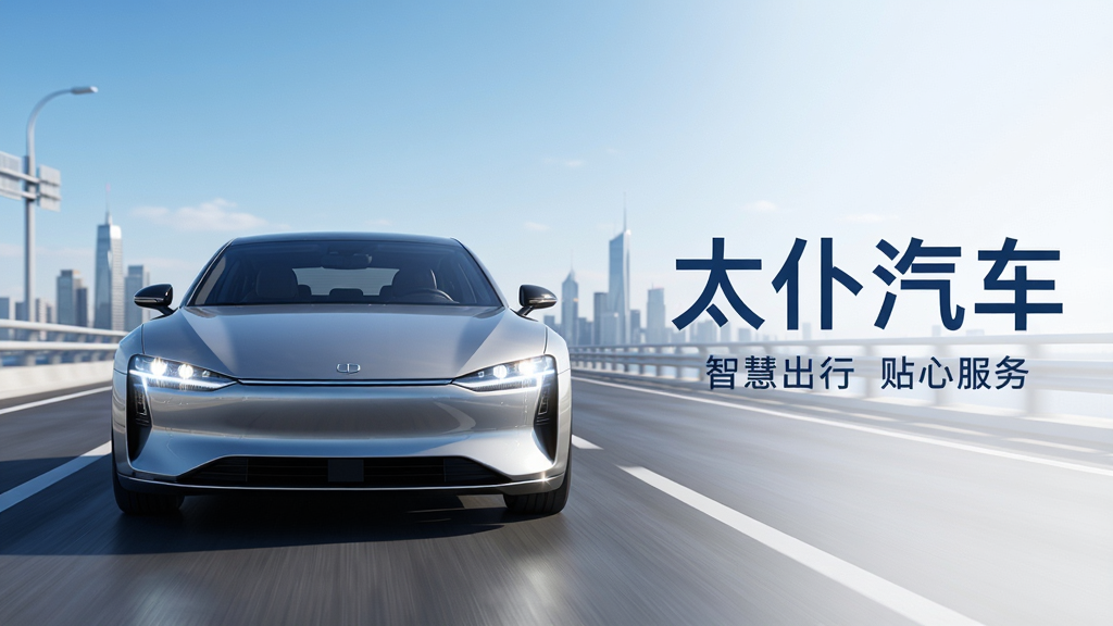 主体:一辆线条流畅的现代汽车行驶在开阔的公路上,车头正对画面中央,背景是清澈的蓝天和远处的城市天际线。布局:汽车位于画面中心偏左,右侧留白处放置“太仆汽车”四个大字,字体为现代无衬线体,颜色为深蓝色,下方一行小字“智慧出行 贴心服务”。排版:整体采用左右分割式构图,文字区域干净清爽。风格:写实与科技感结合,色彩明亮通透。细节:车灯开启,折射出细微光芒,地面有轻微动态模糊,体现行驶感。画质:8K超高清,细节丰富,干净,无多余元素。