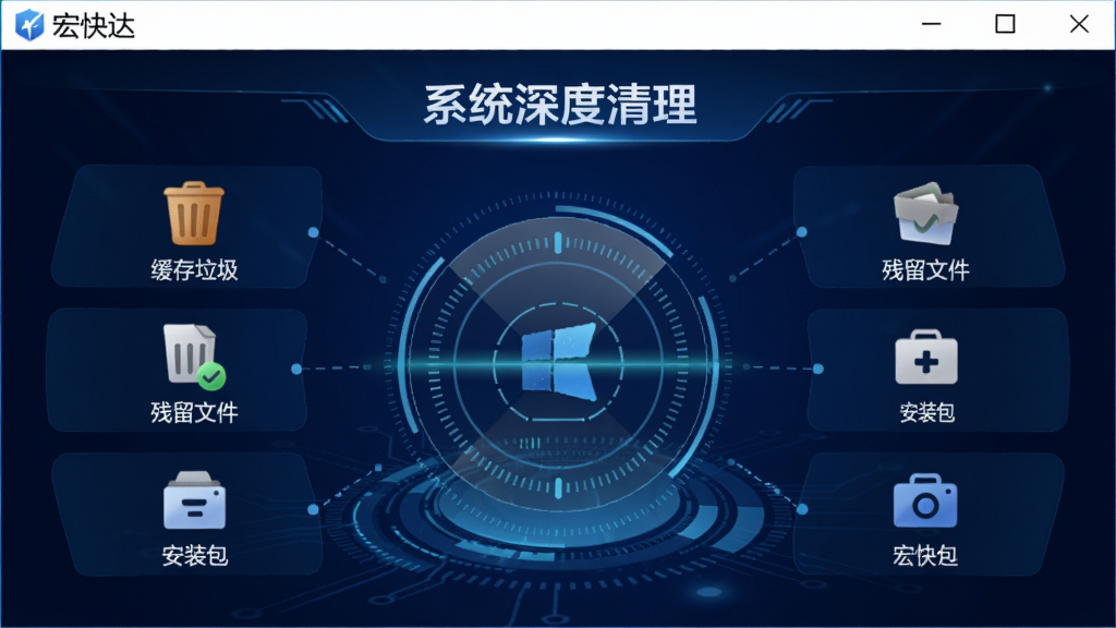 展示宏快达的“系统深度清理”功能界面,中间有一个圆形扫描动画,周围分布着“缓存垃圾”“残留文件”“安装包”等分类图标,背景为深蓝色,科技感强,画质清晰,带有“宏快达”字样