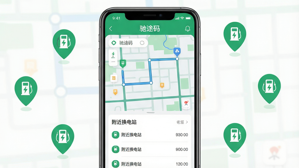 主体:手机屏幕展示驰途码App的换电站地图界面,周围分布多个绿色换电点图标。布局:手机位于画面中央,屏幕内容清晰可见。排版:屏幕上方有“驰途码”字样,下方有“附近换电站”列表。风格:扁平化UI设计,色彩清新。细节:地图上有路线规划线条,界面图标精致。画质:高清,干净无多余元素。