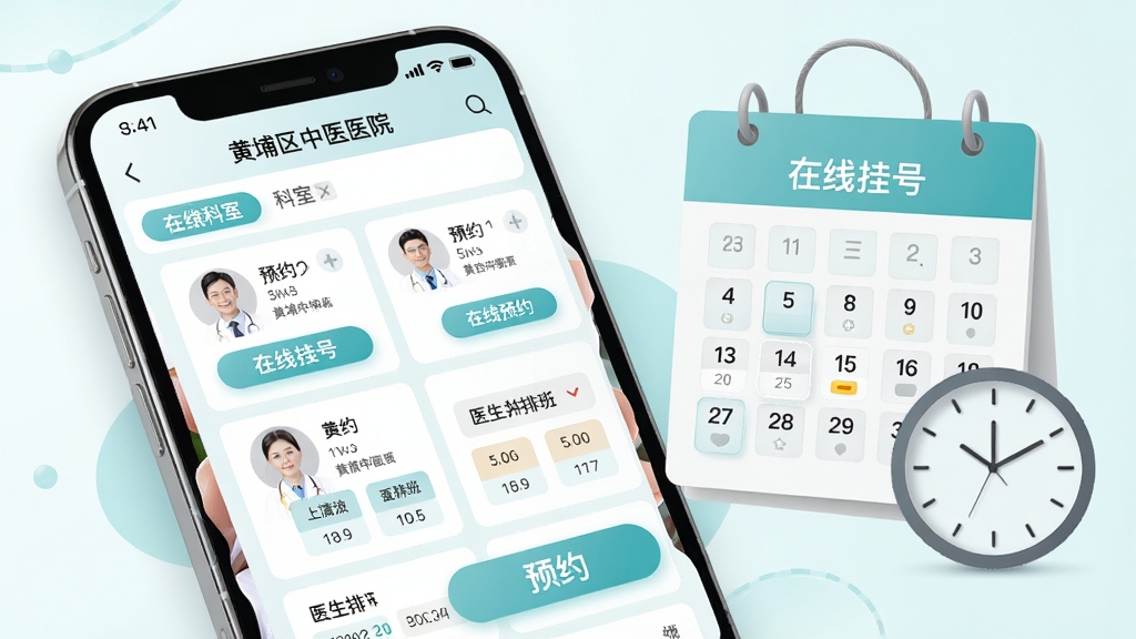 主体:黄埔区中医医院APP在线挂号功能页面,展示科室列表与医生排班;布局:手机界面放大显示,旁边配以日历与时钟元素;排版:医生信息卡片式排列,预约按钮醒目;风格:简洁清新,医疗感强;细节:画面包含“在线挂号”文字,色彩柔和;画质:高清,干净,无多余元素