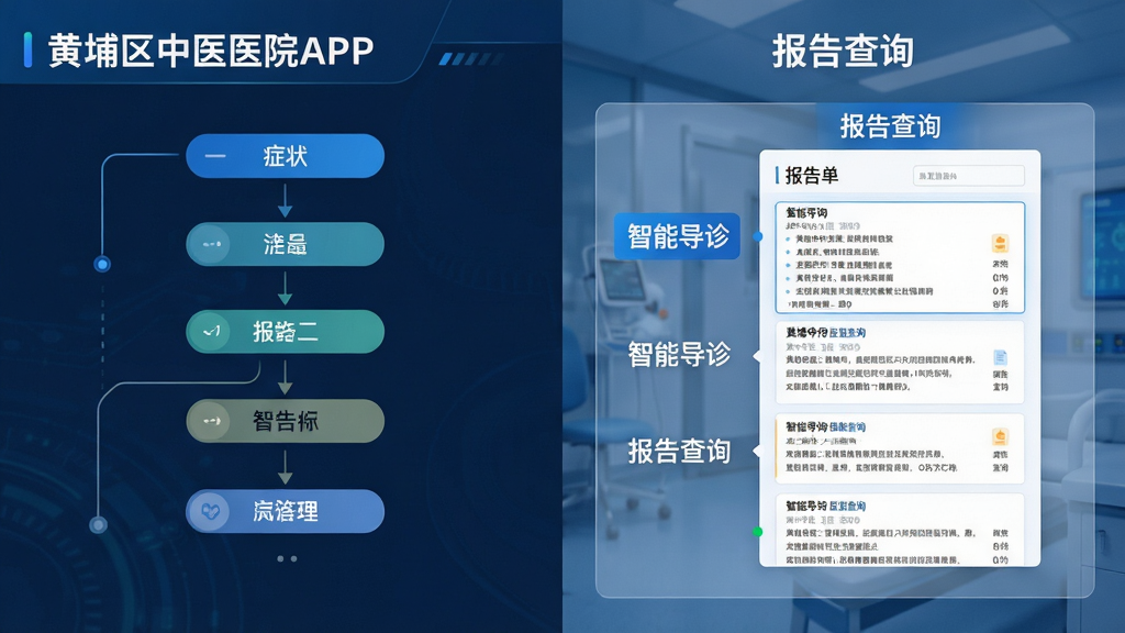 主体:黄埔区中医医院APP智能导诊与报告查询界面,显示症状选择页面与报告单样式;布局:左侧为导诊流程示意,右侧为报告查询结果;排版:步骤条与报告列表清晰对应;风格:科技感与医疗感融合;细节:画面包含“智能导诊”“报告查询”字样;画质:高分辨率,干净,无多余元素