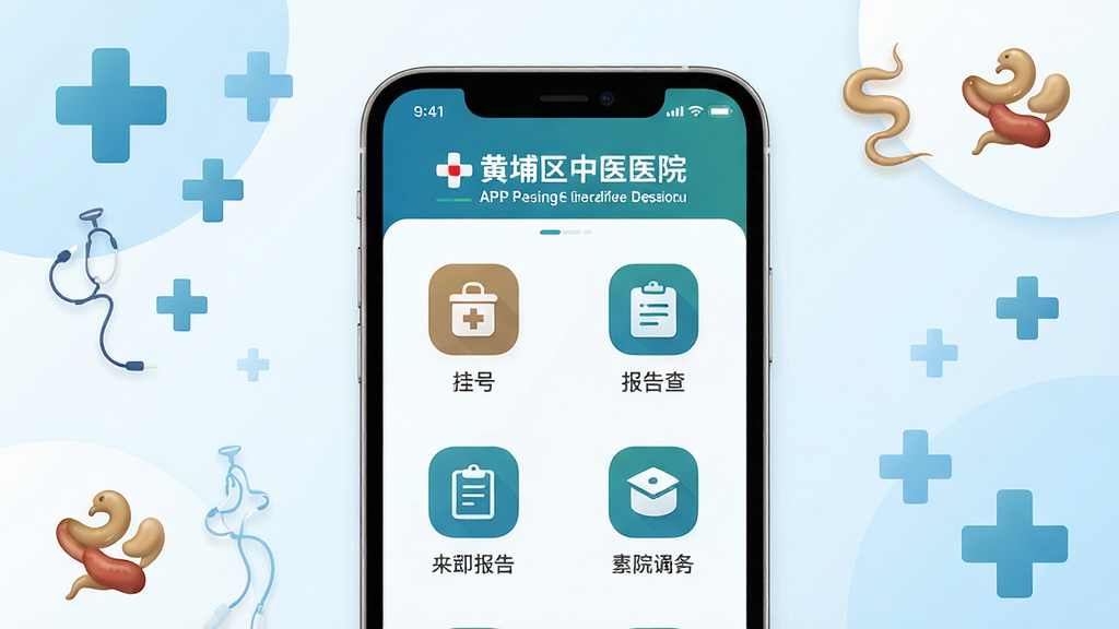 主体:黄埔区中医医院APP界面展示,手机屏幕内显示医院主色调的UI界面,包含挂号、报告查询等图标;布局:手机居中,背景为柔和的医疗蓝白色渐变,四周有简洁的医疗十字与中医元素点缀;排版:界面图标整齐排列,文字清晰可见;风格:扁平化设计,现代感强;细节:画面干净,光线柔和;画质:高清渲染,干净,无多余元素