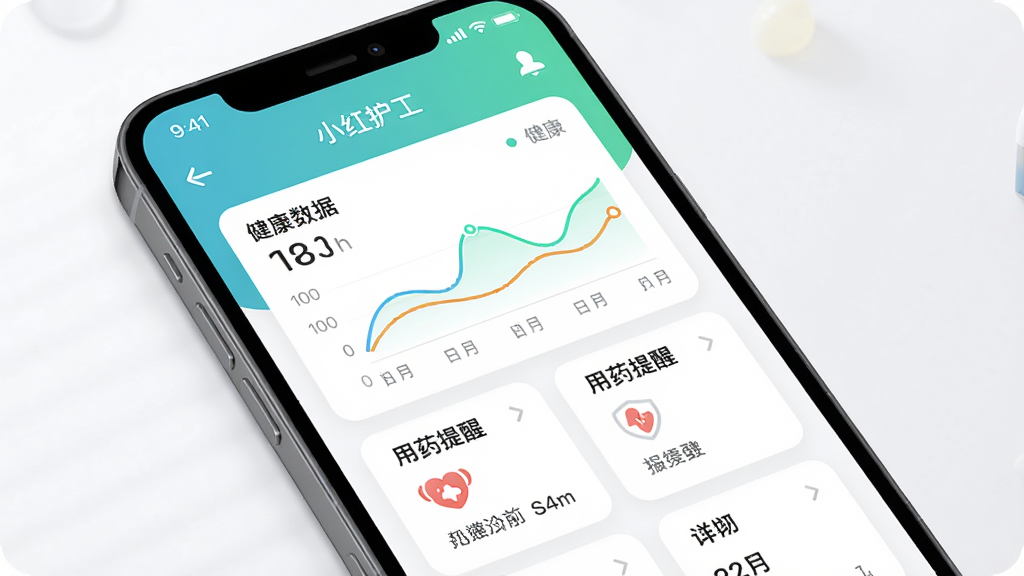 小红护工app主界面展示,主体为手机屏幕内显示的简洁护理管理界面,布局清晰,包含健康数据图表、用药提醒卡片,排版采用卡片式设计,风格清新明亮,细节展示图标圆润,画质高清干净,无多余元素