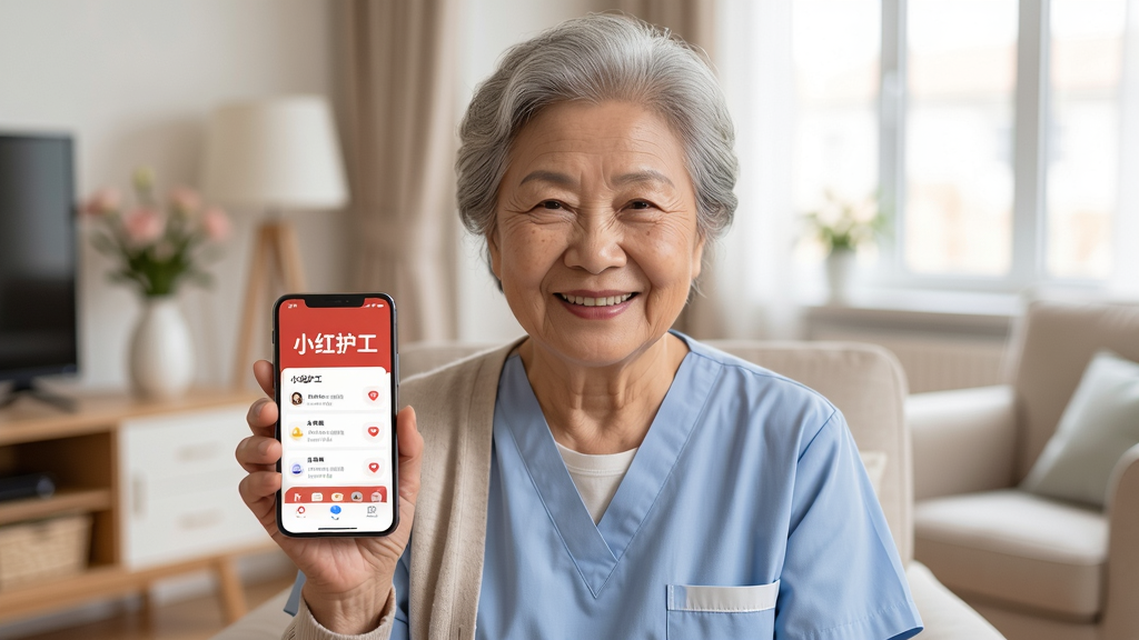 小红护工使用场景图,主体为一位老人手持手机微笑使用App,布局为人物居中,排版自然,风格温馨生活化,细节显示手机屏幕上有小红护工界面,画质高清,干净无多余元素