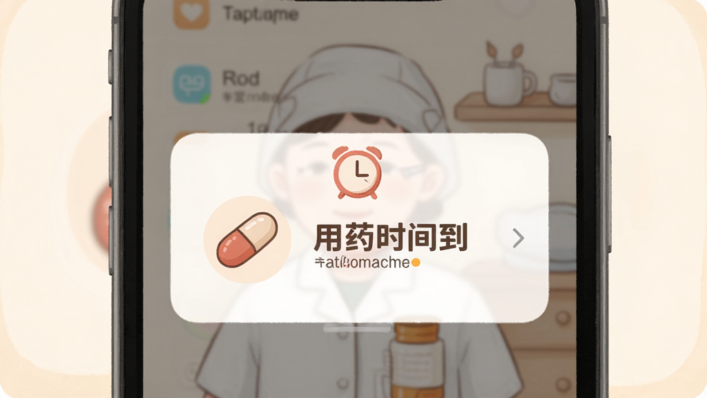 小红护工用药提醒功能预览,主体为手机弹出闹钟提醒卡片,布局中央突出提醒内容,排版简洁,风格温馨插画风,细节显示药丸图标和“用药时间到”文字,画质柔和,干净无多余元素