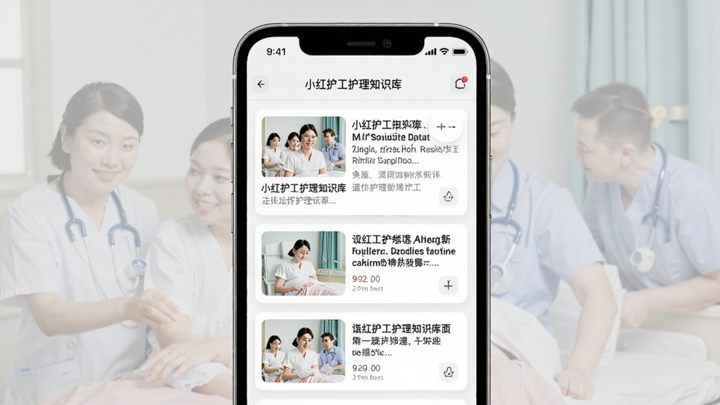 小红护工护理知识库页面,主体为手机屏幕展示多篇护理文章列表,布局采用列表式,排版整齐,风格简约现代,细节显示图文卡片,画质清晰,干净无多余元素