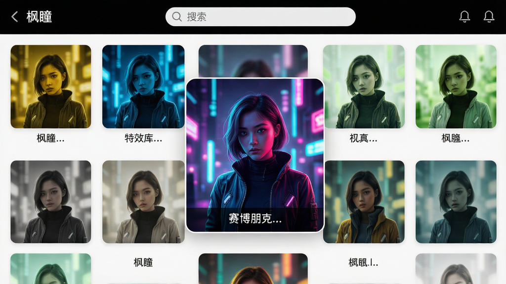 主体:“枫瞳”应用的特效库界面,展示多款滤镜缩略图。布局:网格排列,每个缩略图下方标注滤镜名称。排版:整齐有序,顶部有搜索栏。风格:色彩丰富,充满艺术感。细节:缩略图展示不同风格的照片效果,有复古黄、科技蓝、清新绿等,中心位置放大显示“赛博朋克”滤镜效果。画质:高清,干净,无多余元素。