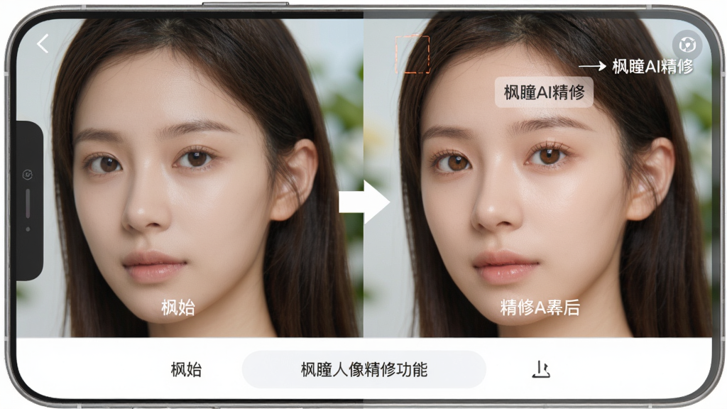 主体:手机屏幕展示“枫瞳”人像精修功能,左侧为原始人像,右侧为精修后效果。布局:左右分屏对比,中间有箭头指示。排版:界面干净,功能按钮集中在底部。风格:明亮清新,突出人物肤质的细腻变化。细节:右侧人像皮肤光滑自然,眼睛更有神,背景略有虚化,人物面部标注“枫瞳AI精修”字样。画质:高解析度,干净,无多余元素。