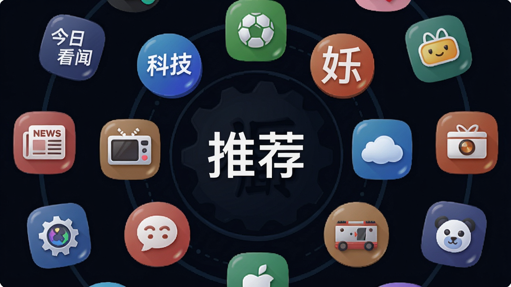 主体:今日看闻极速版智能推荐界面,中央显示“推荐”字样,周围环绕着用户感兴趣的新闻类别图标。布局:图标以环形排列,中心为软件名称。排版:简洁清晰,图标大小均匀。风格:科技感插画风。细节:每个图标代表不同新闻分类,如科技、体育、娱乐等。画质:高分辨率,干净,无多余元素。