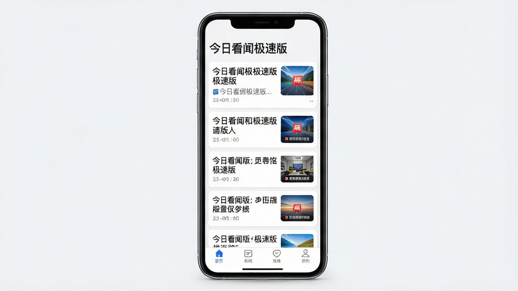 主体:手机屏幕展示今日看闻极速版新闻列表界面,上方显示“今日看闻极速版”字样,列表中有多条新闻标题和缩略图。布局:手机居中,界面清晰,新闻卡片整齐排列。排版:现代简约,信息流式布局。风格:写实风格,色彩明快。细节:新闻标题清晰可读,缩略图精美,底部有导航栏。画质:高清,干净,无多余元素。