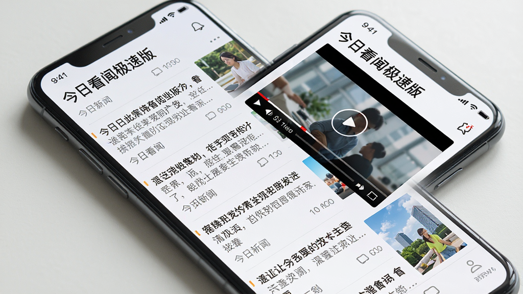 主体:手机展示今日看闻极速版运行界面,屏幕中显示新闻列表和视频播放窗口。布局:手机斜放,屏幕内容清晰可见。排版:图文结合,布局合理。风格:写实风格,光线自然。细节:新闻标题清晰,视频播放窗口有播放按钮。画质:高清,干净,无多余元素。