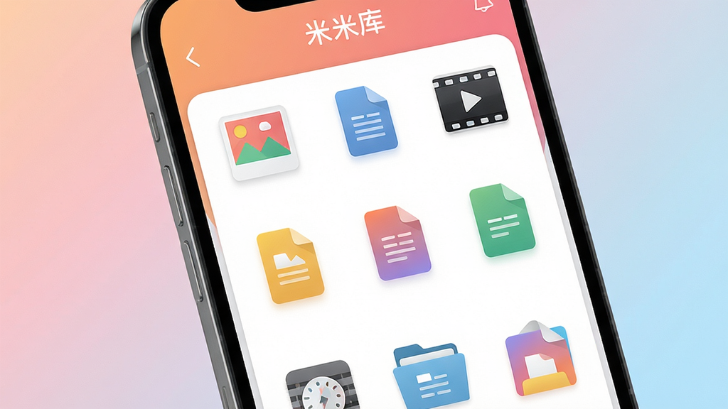 ����Ϊһ�������ֻ���Ļ��д����Ļ����ʾ���׿�Ӧ�õĽ��棬���������񲼾�չʾ�����ļ�ͼ�꣬����ͼƬ���ĵ�����Ƶ�ȣ�ɫ���������졣���岼�ֲ��þ��й�ͼ���ֻ�΢΢��б������Ϊ��͵Ľ���ɫ������ִ���Լ��ϸ����ͻ���ļ�����ͼ�����������������У����ʸ��壬�ɾ��޶���Ԫ��