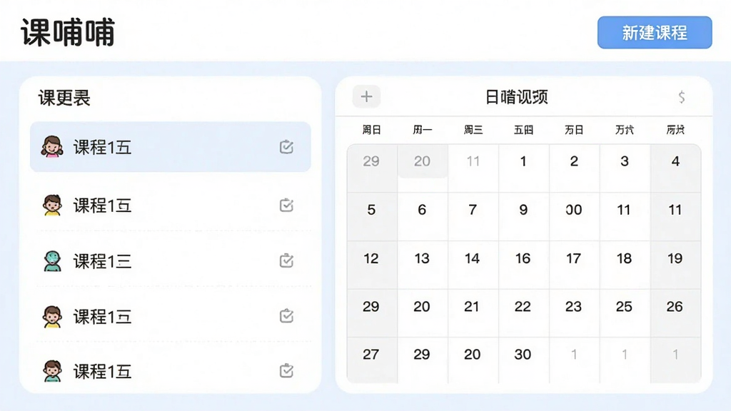展示课哺哺课程管理界面的示意图,画面左侧是课程列表,右侧为日历视图,顶部有“新建课程”按钮,整体采用浅色背景,界面设计直观易懂,突出“课哺哺”品牌名称,画质细腻干净,无多余元素