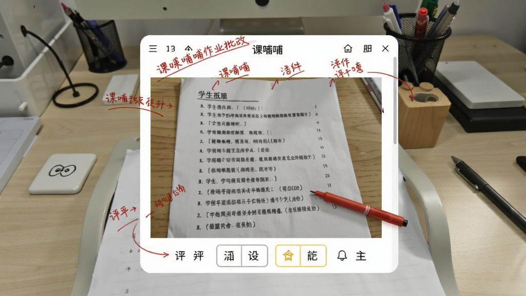 展示课哺哺作业批改界面的截图,画面中央是一份学生作业照片,周围有红色批注笔迹和评分框,背景为工作台环境,突出“课哺哺”软件界面,采用自然光拍摄风格,画质清晰,无多余元素