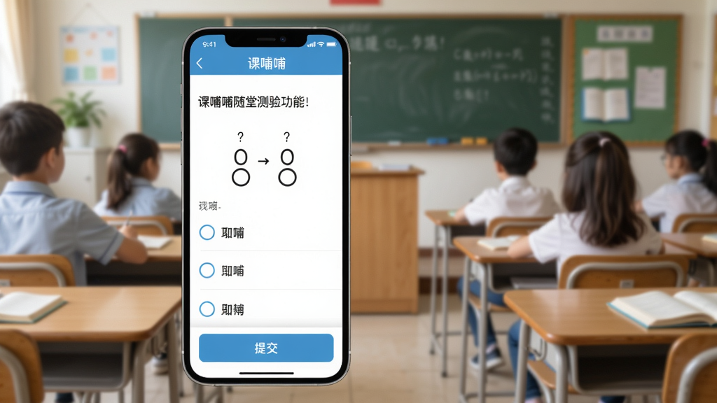 展示课哺哺随堂测验功能的手机界面,屏幕上显示一道选择题和四个选项,下方有“提交”按钮,背景为教室场景虚化,突出“课哺哺”软件界面,采用写实风格,画质高清干净,无多余元素
