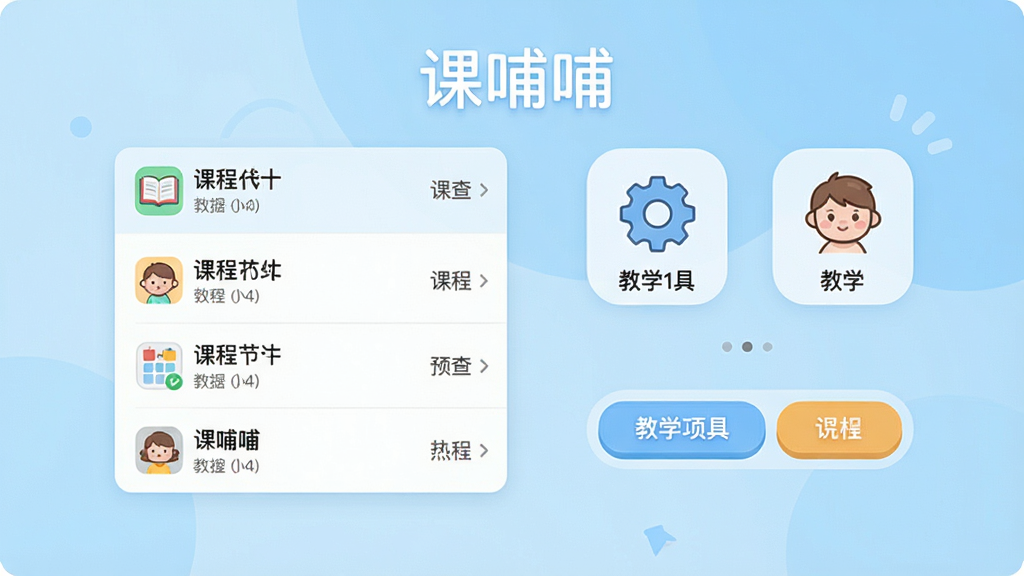 一张展示课哺哺软件主界面的高清截图,画面中央是课程列表与教学工具图标,背景为淡蓝色渐变,整体布局简洁明快,采用扁平化设计风格,突出“课哺哺”字样与核心功能按钮,画质清晰干净,无多余元素