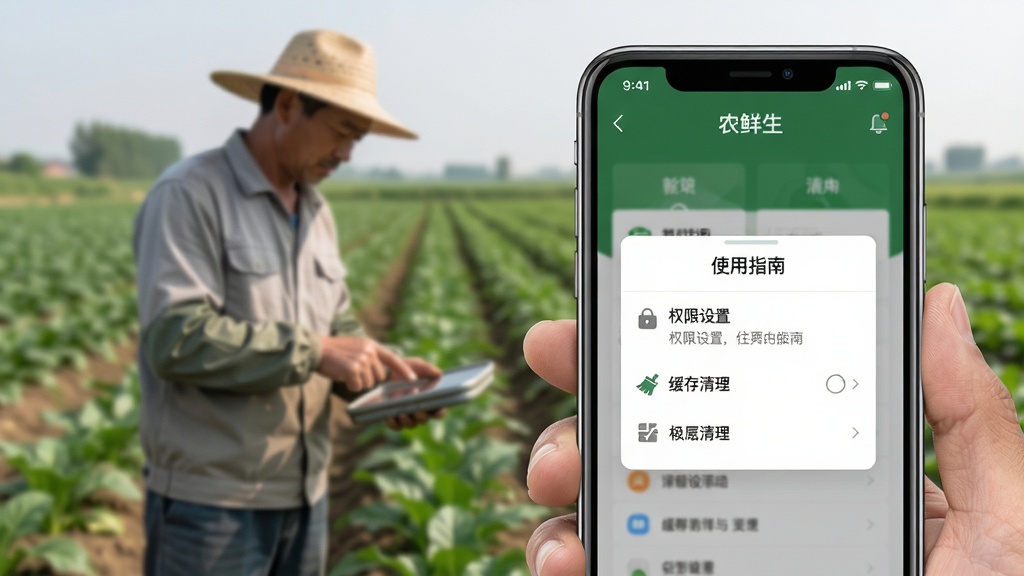 主体:一部手机在农田中显示“农鲜生”应用界面,屏幕上有“使用指南”弹窗,背景是农民在操作。布局:手机前景,农田背景,人物虚化。排版:弹窗内容清晰。风格:纪实与科技结合。细节:屏幕弹窗有“权限设置”、“缓存清理”等选项。画质:高清,干净,无多余元素。