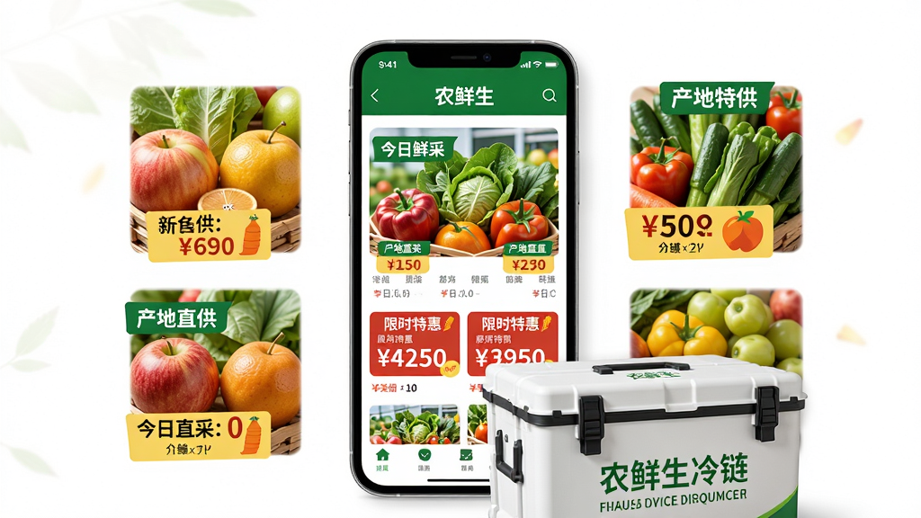 主体:手机展示“农鲜生”商城页面,页面中有新鲜水果蔬菜和“产地直供”标签,旁边是冷链配送箱。布局:手机居中,商品图片围绕,配送箱在下方。排版:商品排列整齐,价格标签醒目。风格:明亮诱人,商业摄影感。细节:屏幕上有“今日鲜采”、“限时特惠”栏目,配送箱有“农鲜生冷链”字样。画质:高清,干净,无多余元素。