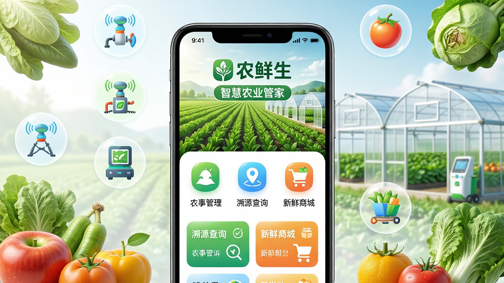 主体:智能手机屏幕展示“农鲜生”APP主界面,界面清晰显示“农鲜生”Logo和“智慧农业管家”字样,背景是翠绿的农田与现代化大棚。布局:手机居中,四周环绕新鲜蔬果、智能农业设备图标,构图饱满。排版:手机屏幕内功能图标排列整齐,色彩明快。风格:写实与科技感结合,明亮通透。细节:屏幕界面有“农事管理”、“溯源查询”、“新鲜商城”等模块,高光质感。画质:8K超清,干净,无多余元素。