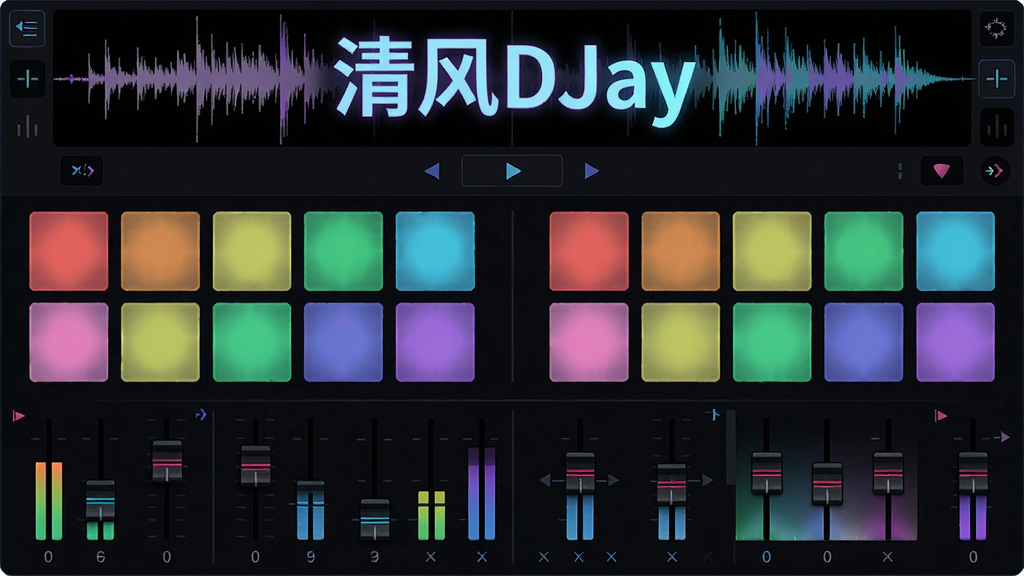 一幅展示清风DJay软件主界面的高清截图,界面布局清晰,上方是波形显示区,中间是两排彩色打击垫,下方是音量推子和交叉渐变器,整体风格现代且带有霓虹灯效果,背景为深色,突出软件名称“清风DJay”的字样,画质干净,细节丰富,无多余元素。