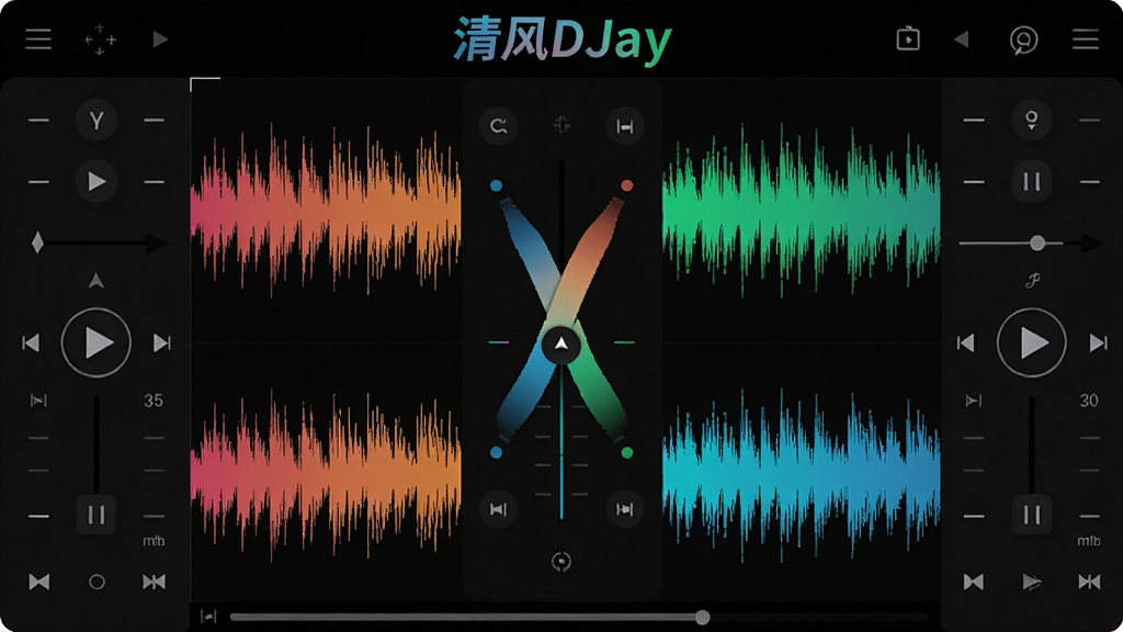 清风DJay双轨混音界面特写,两条彩色波形上下排列,交叉渐变器位于中间,左右两侧各有一个播放控制面板,界面显示“清风DJay”的Logo,整体布局专业且富有科技感,画质清晰,色彩鲜明,无多余元素。