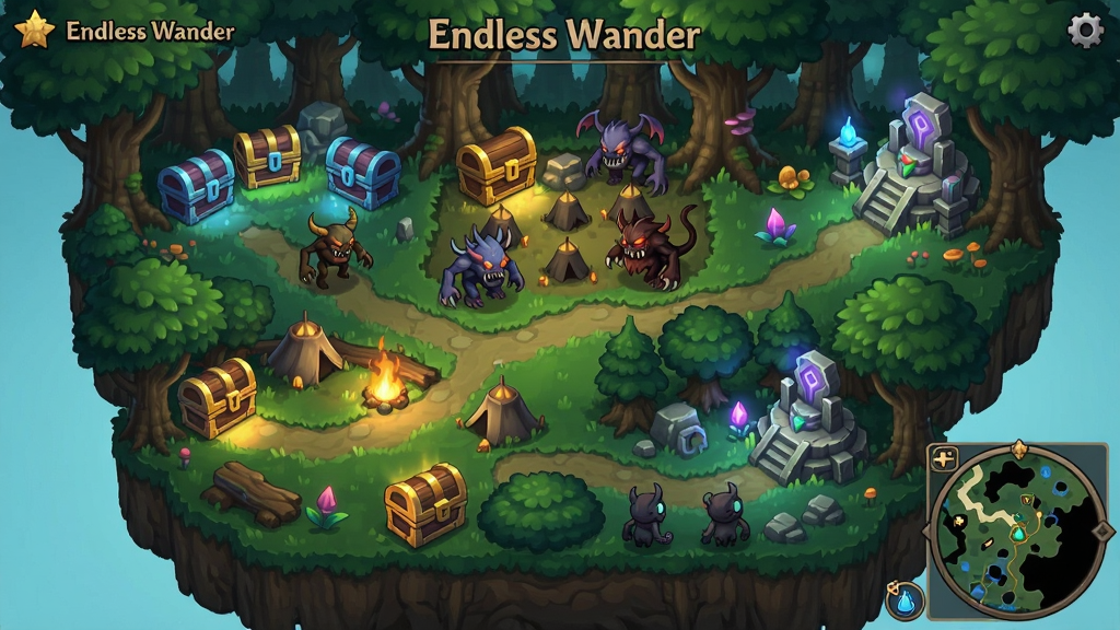 《Endless Wander》游戏截图风格,展示一张随机生成的森林地图,不同区域分布着发光的宝箱、怪物营地和神秘祭坛,小地图在角落显示,UI简洁,画面清晰,色彩丰富,细节到位,画质干净。