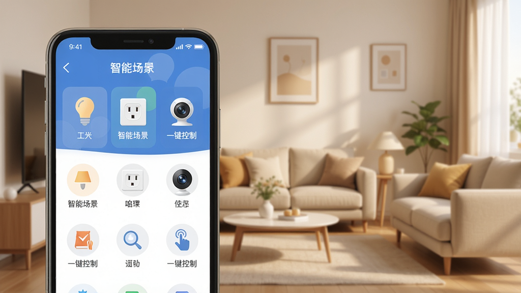 展示掌心到家APP的智能设备控制面板,包含灯具、插座、摄像头图标,界面列表排列整齐,背景为温馨客厅,现代简约风格,画面清晰,色彩柔和,文字标注“智能场景”和“一键控制”,画质干净,无多余元素