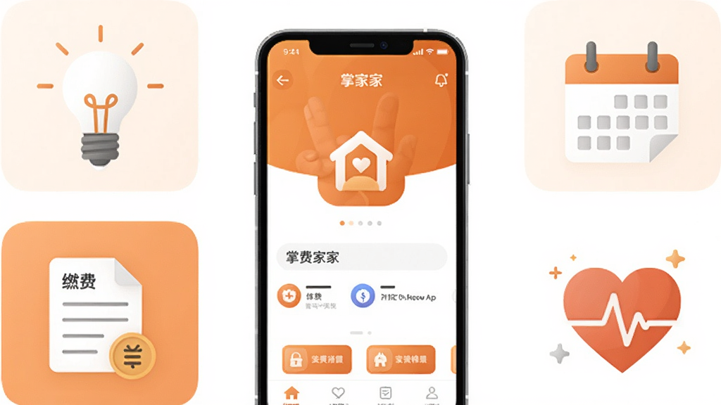 画面中央展示掌心到家APP的界面截图,周围环绕家庭生活场景图标,如智能灯泡、日历、缴费单、健康爱心等,整体布局清晰,扁平化设计风格,色彩以暖橙色和白色为主,细节丰富,画质干净,无多余元素