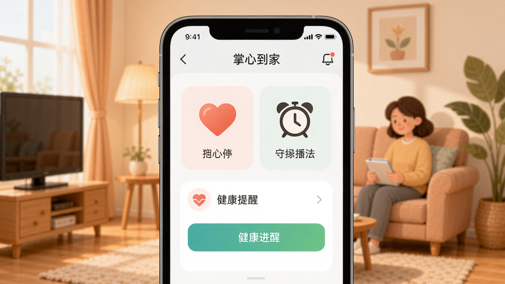 展示掌心到家APP的健康提醒界面,有心形图标和闹钟图标,背景为温馨家庭客厅,暖色调,插画风格,细节柔和,画质干净,无多余元素