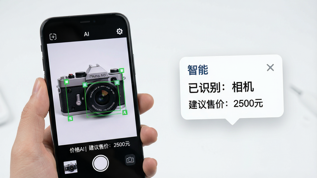主体:一部手机正在拍摄一件二手相机,屏幕上显示AI识别框和价格建议。布局:手机位于画面左侧,右侧有悬浮的智能提示卡片。排版:简洁清晰,突出功能亮点。风格:现代科技感,浅色背景。细节:AI界面显示“已识别:相机”,“建议售价:2500元”。画质:高清,干净,无多余元素。