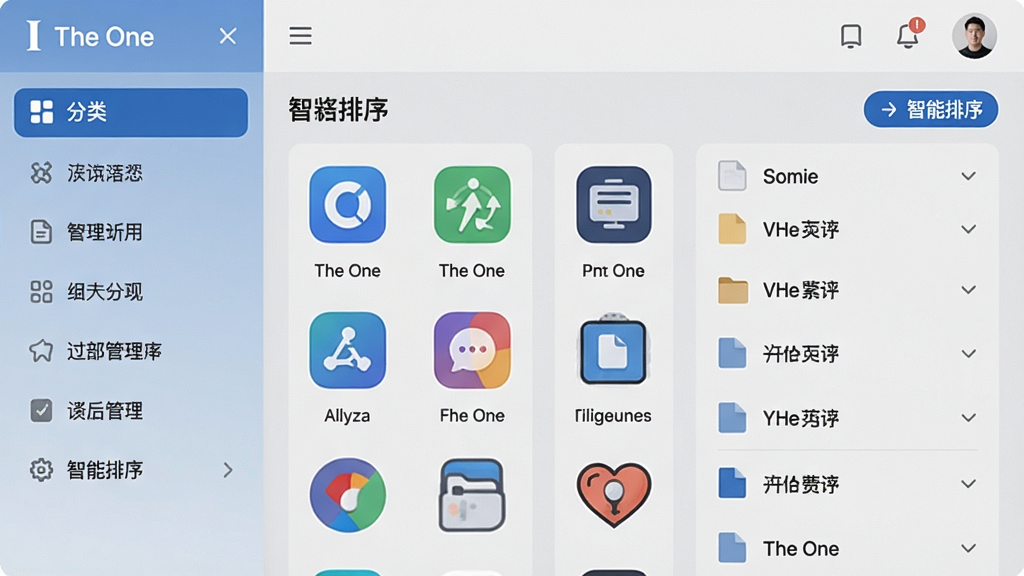 一幅I The One应用内部的管理界面预览图,左侧为分类导航栏,右侧内容区展示了各类应用图标和文件列表,布局清晰,有“智能排序”标签,界面风格清爽,画质干净,无多余元素