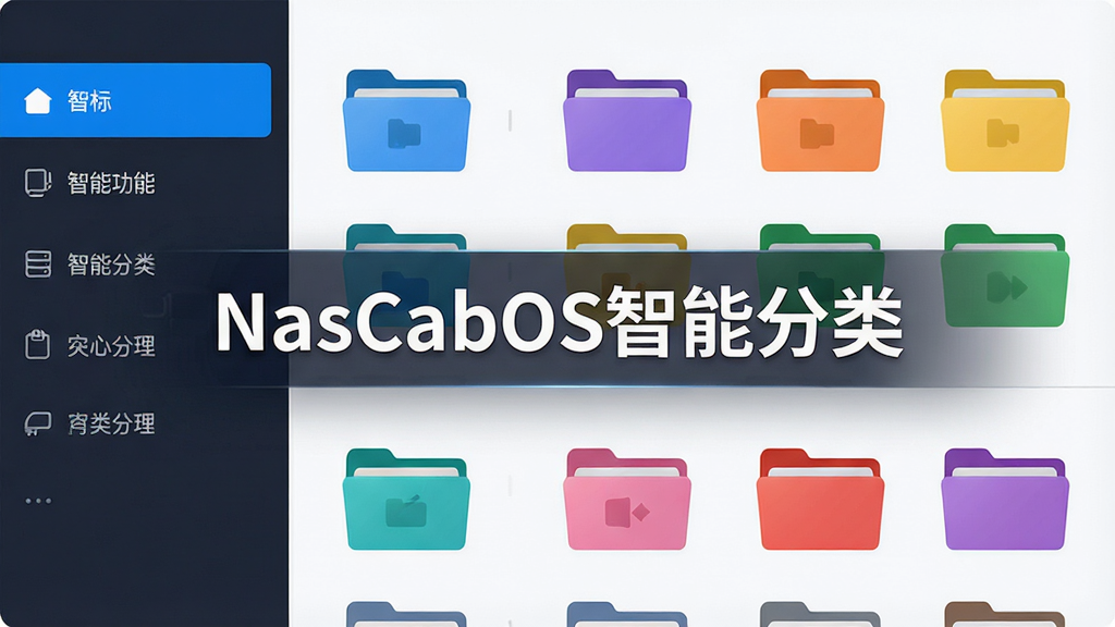 NasCabOS智能分类功能展示图,界面左侧为分类标签栏,右侧显示不同颜色的文件夹图标,中间标注“NasCabOS智能分类”,整体布局清晰,色彩鲜明,风格现代,画质细腻,干净无多余元素